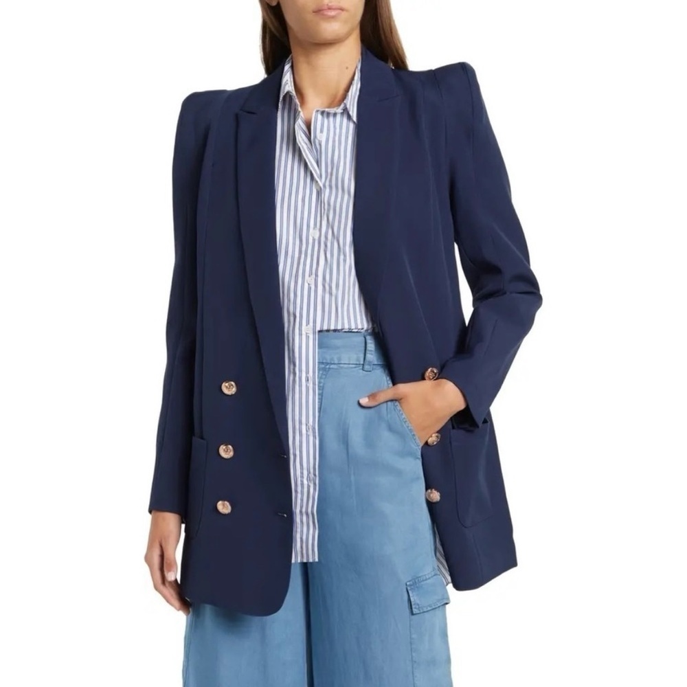 WALTER BAKER Boss Double Breasted Peak Lapel Blazer Navy Gold Buttons Blue Sz XS - Picture 1 of 10